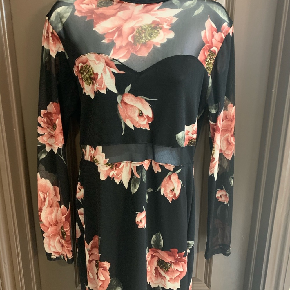 Evening Dress, Black with floral design, partial see-through, size L 10